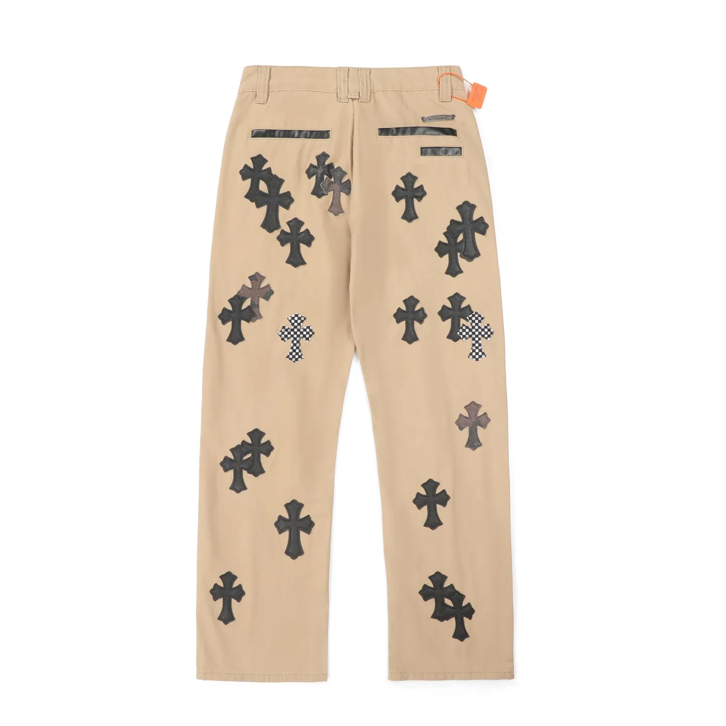 P260 Chrome Hearts/Chrome Hearts camouflage checkerboard horsehair cross patch leather jeans - Full of exploring the ultimate in fashion, Chrome Hearts' new Chrome Hearts pants cleverly integrate camouflage cross, checkerboard horsehair cross and other elements to break traditional boundaries. The clever fusion of Mattyboy’s same style, overalls and khaki jeans brings endless matching inspiration to fashionistas.  This pair of Croxin overalls not only presents a unique retro style, but also combines comfort and sophistication with its wide-leg, loose design. The mid-high waist design matches a lazy and casual style, which not only makes the legs longer but also maintains a casual feel, it is a must-have fashion choice for trendy men and trendy women.  Khaki overalls are unique in leather matching and color selection, making them the leader among overalls. Chrome Hearts' khaki cross chino casual pants have a prince-like aristocratic feel. The pants have 40 panels of leather and full texture. The W34 size is perfectly presented and has become the focus of the forefront of fashion. Whether it's for daily wear or a trendy try, these pants can bring you an excellent fashion experience.  Color: Khaki Size: 28 30 32 34 corresponding size s-xl